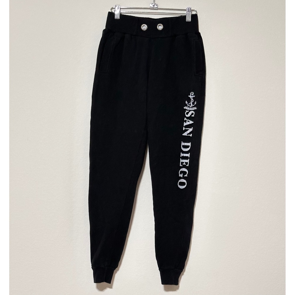 Black San Diego Anchor Sweatpants Joggers Elastic Waist Drawstring Cuffs Size S